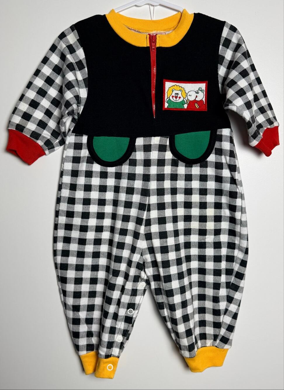 Vintage 80s Buster Brown 12M Buffalo Plaid Animal Romper